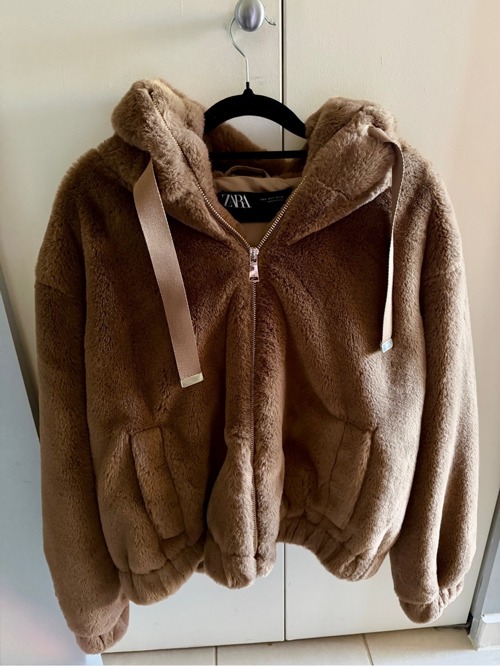ZARA Brown Plush Faux-Fur Zip Hoodie sz S